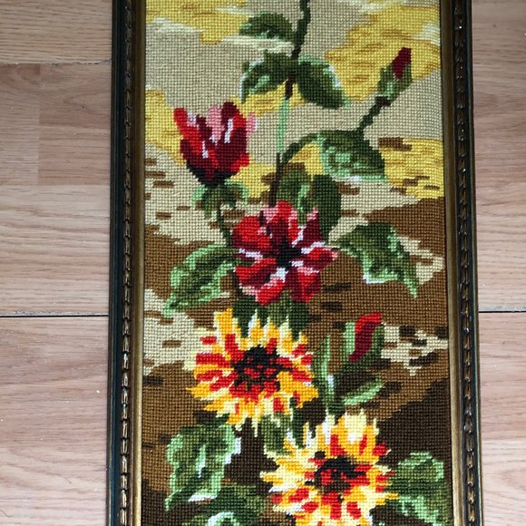 Beautiful needlework framed red yellow flowers home wall decoration - Picture 3 of 6